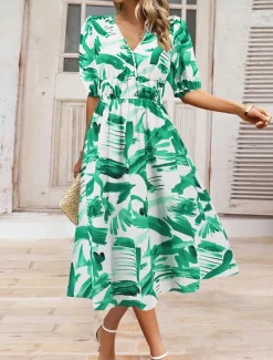 Hot Women's Midi Dress Casual Dress Swing Dress A Line Dress Summer Dress Stylish Casual Vacation Daily Date Regular Fit Floral Short Sleeve V Neck Blue Green Summer Women Spring Dresses