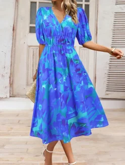 Hot Women's Midi Dress Casual Dress Swing Dress A Line Dress Summer Dress Stylish Casual Vacation Daily Date Regular Fit Floral Short Sleeve V Neck Blue Green Summer Women Spring Dresses