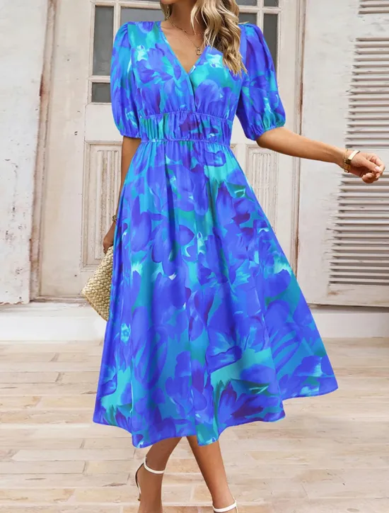 Hot Women's Midi Dress Casual Dress Swing Dress A Line Dress Summer Dress Stylish Casual Vacation Daily Date Regular Fit Floral Short Sleeve V Neck Blue Green Summer Women Spring Dresses