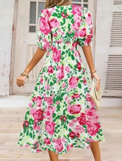Hot Women's Midi Dress Casual Dress Swing Dress A Line Dress Summer Dress Stylish Casual Vacation Daily Date Regular Fit Floral Short Sleeve V Neck Blue Green Summer Women Spring Dresses