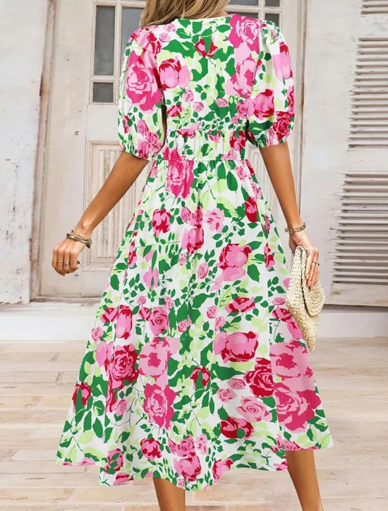 Hot Women's Midi Dress Casual Dress Swing Dress A Line Dress Summer Dress Stylish Casual Vacation Daily Date Regular Fit Floral Short Sleeve V Neck Blue Green Summer Women Spring Dresses
