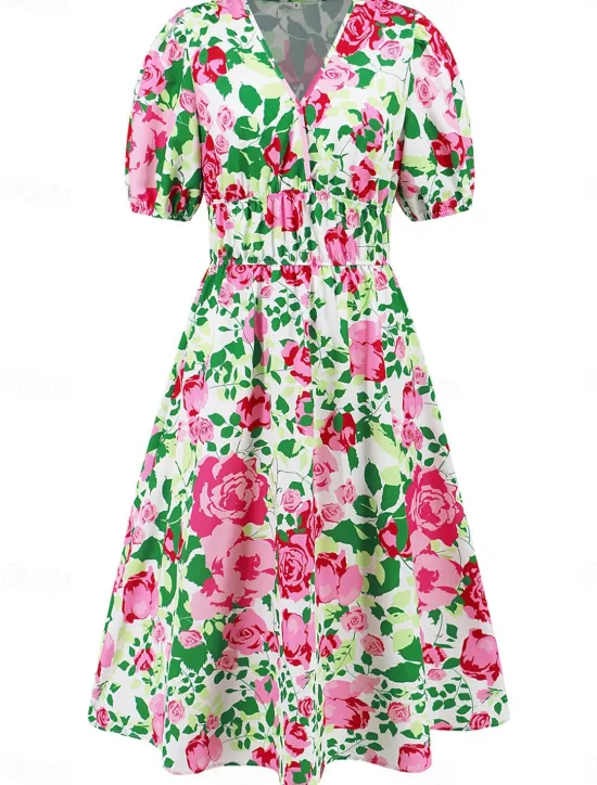Hot Women's Midi Dress Casual Dress Swing Dress A Line Dress Summer Dress Stylish Casual Vacation Daily Date Regular Fit Floral Short Sleeve V Neck Blue Green Summer Women Spring Dresses