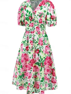 Hot Women's Midi Dress Casual Dress Swing Dress A Line Dress Summer Dress Stylish Casual Vacation Daily Date Regular Fit Floral Short Sleeve V Neck Blue Green Summer Women Spring Dresses
