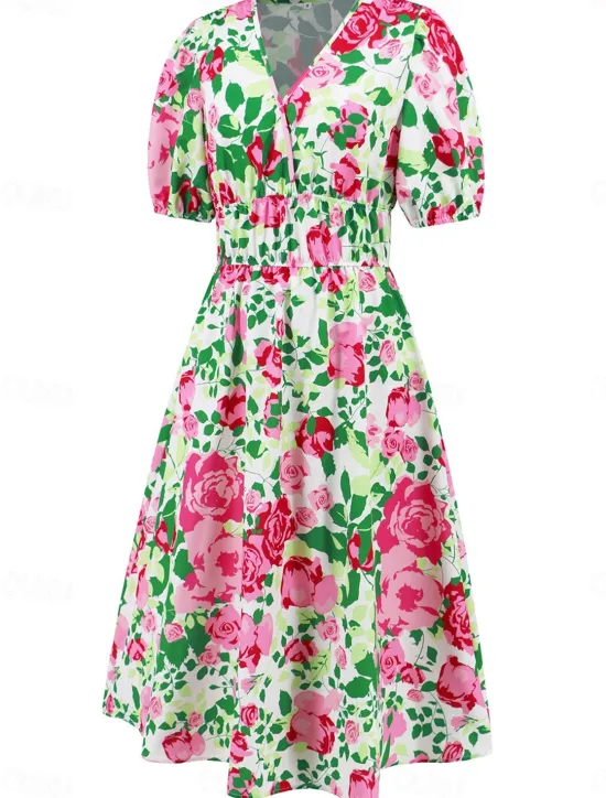 Hot Women's Midi Dress Casual Dress Swing Dress A Line Dress Summer Dress Stylish Casual Vacation Daily Date Regular Fit Floral Short Sleeve V Neck Blue Green Summer Women Spring Dresses