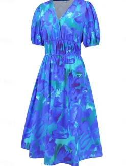 Hot Women's Midi Dress Casual Dress Swing Dress A Line Dress Summer Dress Stylish Casual Vacation Daily Date Regular Fit Floral Short Sleeve V Neck Blue Green Summer Women Spring Dresses