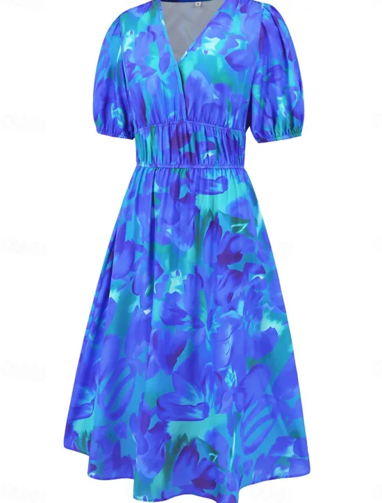 Hot Women's Midi Dress Casual Dress Swing Dress A Line Dress Summer Dress Stylish Casual Vacation Daily Date Regular Fit Floral Short Sleeve V Neck Blue Green Summer Women Spring Dresses