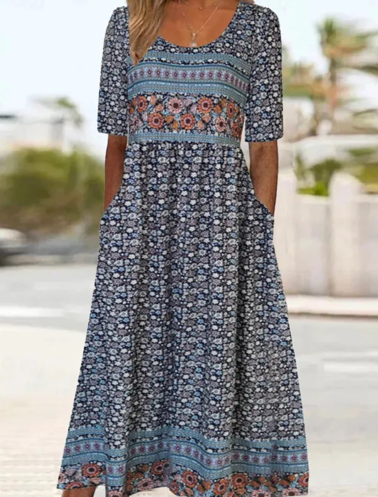 Women's Midi Dress Casual Dress Summer Dress Boho Dress Ethnic Casual Vacation Daily Date Regular Fit Floral Short Sleeve Crew Neck White Navy Blue Royal Blue Blue Summer Women Spring Dresses