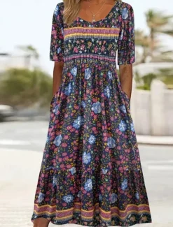 Women's Midi Dress Casual Dress Summer Dress Boho Dress Ethnic Casual Vacation Daily Date Regular Fit Floral Short Sleeve Crew Neck White Navy Blue Royal Blue Blue Summer Women Spring Dresses
