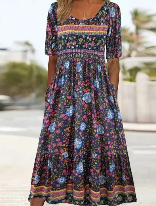 Women's Midi Dress Casual Dress Summer Dress Boho Dress Ethnic Casual Vacation Daily Date Regular Fit Floral Short Sleeve Crew Neck White Navy Blue Royal Blue Blue Summer Women Spring Dresses