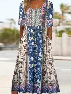 Women's Midi Dress Casual Dress Summer Dress Boho Dress Ethnic Casual Vacation Daily Date Regular Fit Floral Short Sleeve Crew Neck White Navy Blue Royal Blue Blue Summer Women Spring Dresses