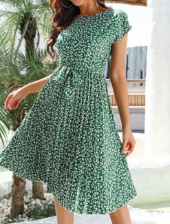 Clearance Women's Midi Dress Casual Dress A Line Dress Stylish Casual Vacation Daily Regular Fit Floral Short Sleeve Crew Neck Green Light Blue Summer Women Floral Dresses|Spring Dresses