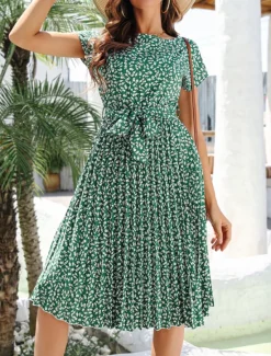 Clearance Women's Midi Dress Casual Dress A Line Dress Stylish Casual Vacation Daily Regular Fit Floral Short Sleeve Crew Neck Green Light Blue Summer Women Floral Dresses|Spring Dresses