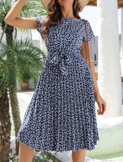 Clearance Women's Midi Dress Casual Dress A Line Dress Stylish Casual Vacation Daily Regular Fit Floral Short Sleeve Crew Neck Green Light Blue Summer Women Floral Dresses|Spring Dresses