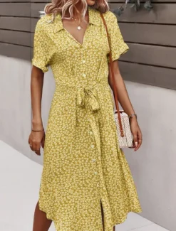 New Women's Midi Dress Casual Dress A Line Dress Stylish Casual Vacation Daily Regular Fit Floral Short Sleeve Shirt Collar Yellow Pink Blue Spring Fall Women Spring Dresses