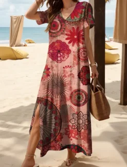 Outlet Women's Midi Dress Casual Dress Sundress A Line Dress Summer Dress Bohemia Vacation Casual Beach Loose Fit Graphic Boho Paisley Damask Short Sleeve V Neck Yellow Red Blue Purple Summer Spring Fall Women Vacation Dresses