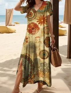 Outlet Women's Midi Dress Casual Dress Sundress A Line Dress Summer Dress Bohemia Vacation Casual Beach Loose Fit Graphic Boho Paisley Damask Short Sleeve V Neck Yellow Red Blue Purple Summer Spring Fall Women Vacation Dresses