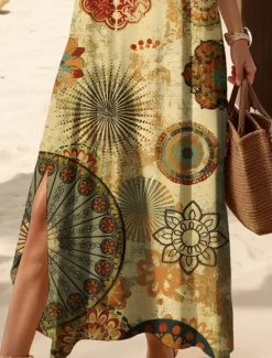 Outlet Women's Midi Dress Casual Dress Sundress A Line Dress Summer Dress Bohemia Vacation Casual Beach Loose Fit Graphic Boho Paisley Damask Short Sleeve V Neck Yellow Red Blue Purple Summer Spring Fall Women Vacation Dresses