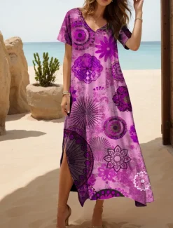 Outlet Women's Midi Dress Casual Dress Sundress A Line Dress Summer Dress Bohemia Vacation Casual Beach Loose Fit Graphic Boho Paisley Damask Short Sleeve V Neck Yellow Red Blue Purple Summer Spring Fall Women Vacation Dresses