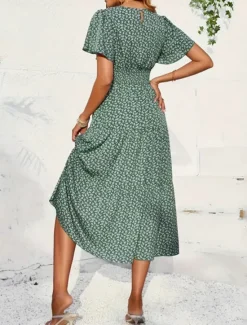 Best Women's Midi Dress Casual Dress Swing Dress A Line Dress Stylish Casual Vacation Daily Regular Fit Floral Short Sleeve V Neck Summer Women Spring Dresses|Floral Dresses