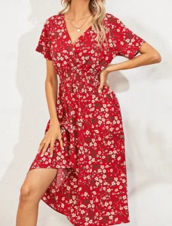 Women's Midi Dress Casual Dress Swing Dress A Line Dress Stylish Casual Vacation Daily Regular Fit Floral Short Sleeve V Neck Black White Yellow Pink Summer Women Spring Dresses