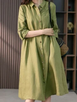 New Women's Midi Dress Casual Dress Cotton Linen Dress A Line Dress Basic Casual Vacation Daily Regular Fit Plain 3/4 Length Sleeve Shirt Collar Pink Green Summer Spring Fall Women Work Dresses