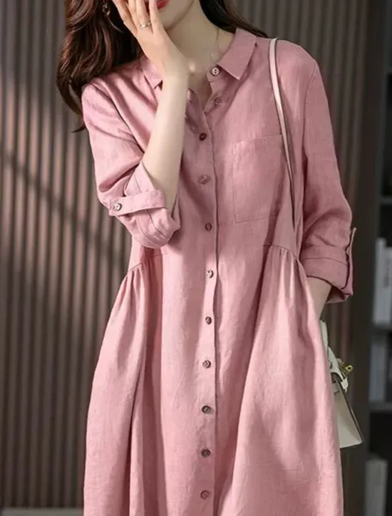 New Women's Midi Dress Casual Dress Cotton Linen Dress A Line Dress Basic Casual Vacation Daily Regular Fit Plain 3/4 Length Sleeve Shirt Collar Pink Green Summer Spring Fall Women Work Dresses