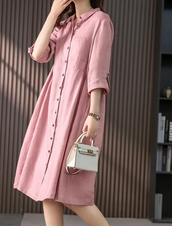 New Women's Midi Dress Casual Dress Cotton Linen Dress A Line Dress Basic Casual Vacation Daily Regular Fit Plain 3/4 Length Sleeve Shirt Collar Pink Green Summer Spring Fall Women Work Dresses
