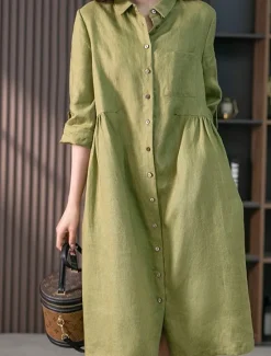 New Women's Midi Dress Casual Dress Cotton Linen Dress A Line Dress Basic Casual Vacation Daily Regular Fit Plain 3/4 Length Sleeve Shirt Collar Pink Green Summer Spring Fall Women Work Dresses
