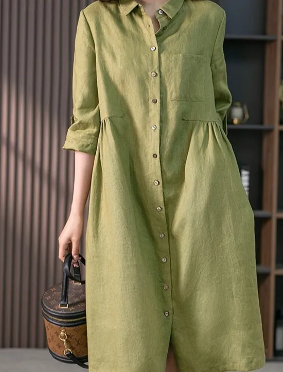 New Women's Midi Dress Casual Dress Cotton Linen Dress A Line Dress Basic Casual Vacation Daily Regular Fit Plain 3/4 Length Sleeve Shirt Collar Pink Green Summer Spring Fall Women Work Dresses
