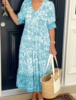 Hot Women's Midi Dress Casual Dress Boho Chic Dresses Boho Dress Bohemia Stylish Casual Vacation Casual Daily Loose Fit Graphic Half Sleeve V Neck Pink Blue Sky Blue Apricot Summer Spring Women Floral Dresses