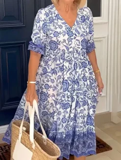 Hot Women's Midi Dress Casual Dress Boho Chic Dresses Boho Dress Bohemia Stylish Casual Vacation Casual Daily Loose Fit Graphic Half Sleeve V Neck Pink Blue Sky Blue Apricot Summer Spring Women Floral Dresses