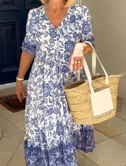 Hot Women's Midi Dress Casual Dress Boho Chic Dresses Boho Dress Bohemia Stylish Casual Vacation Casual Daily Loose Fit Graphic Half Sleeve V Neck Pink Blue Sky Blue Apricot Summer Spring Women Floral Dresses