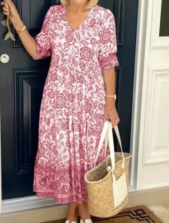 Hot Women's Midi Dress Casual Dress Boho Chic Dresses Boho Dress Bohemia Stylish Casual Vacation Casual Daily Loose Fit Graphic Half Sleeve V Neck Pink Blue Sky Blue Apricot Summer Spring Women Floral Dresses