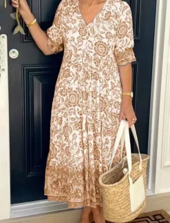 Hot Women's Midi Dress Casual Dress Boho Chic Dresses Boho Dress Bohemia Stylish Casual Vacation Casual Daily Loose Fit Graphic Half Sleeve V Neck Pink Blue Sky Blue Apricot Summer Spring Women Floral Dresses