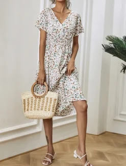 Clearance Women's Midi Dress Casual Dress A Line Dress Stylish Casual Vacation Daily Regular Fit Floral Short Sleeve V Neck White Pink Summer Women Floral Dresses|Spring Dresses