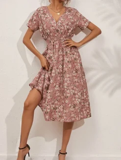 Clearance Women's Midi Dress Casual Dress A Line Dress Stylish Casual Vacation Daily Regular Fit Floral Short Sleeve V Neck White Pink Summer Women Floral Dresses|Spring Dresses