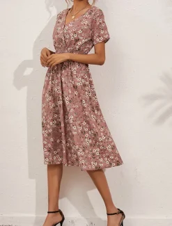 Clearance Women's Midi Dress Casual Dress A Line Dress Stylish Casual Vacation Daily Regular Fit Floral Short Sleeve V Neck White Pink Summer Women Floral Dresses|Spring Dresses