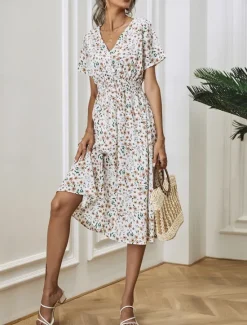 Clearance Women's Midi Dress Casual Dress A Line Dress Stylish Casual Vacation Daily Regular Fit Floral Short Sleeve V Neck White Pink Summer Women Floral Dresses|Spring Dresses