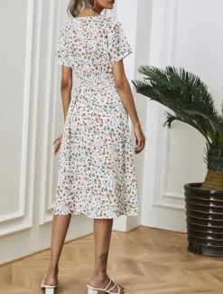 Clearance Women's Midi Dress Casual Dress A Line Dress Stylish Casual Vacation Daily Regular Fit Floral Short Sleeve V Neck White Pink Summer Women Floral Dresses|Spring Dresses