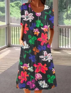 New Women's Midi Dress Casual Dress Floral Dress Classic Modern Outdoor Vacation Holiday Regular Fit Flower Short Sleeve Crew Neck Black Blue Fall Women Floral Dresses