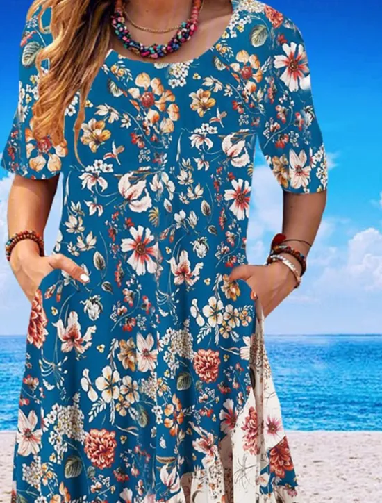 New Women's Midi Dress Casual Dress Floral Dress Classic Modern Outdoor Vacation Holiday Regular Fit Flower Short Sleeve Crew Neck Black Blue Fall Women Floral Dresses