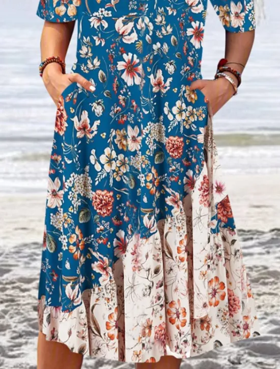 New Women's Midi Dress Casual Dress Floral Dress Classic Modern Outdoor Vacation Holiday Regular Fit Flower Short Sleeve Crew Neck Black Blue Fall Women Floral Dresses