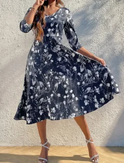 Best Women's Midi Dress Casual Dress A Line Dress Casual Daily Regular Fit Floral 3/4 Length Sleeve V Neck Summer Spring Fall Women Cocktail Dress