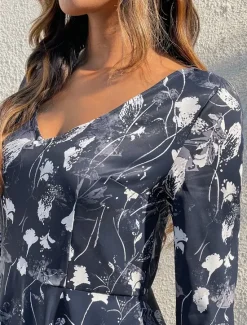 Best Women's Midi Dress Casual Dress A Line Dress Casual Daily Regular Fit Floral 3/4 Length Sleeve V Neck Summer Spring Fall Women Cocktail Dress