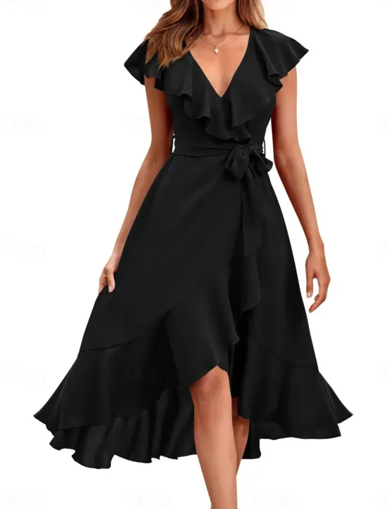 Hot Women's Midi Dress Casual Dress Cocktail Dress Wedding Guest Dress Chiffon Dress Streetwear Basic Casual Vacation Street Holiday Regular Fit Short Sleeve V Neck Black Red Light Green Light Blue Summer Women Cocktail Dress