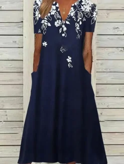 Outlet Women's Midi Dress Casual Dress Navy Blue Half Sleeve Floral Pocket Summer Spring Fall V Neck Vacation Daily Vacation 2023 S M L XL XXL 3XL Women Spring Dresses