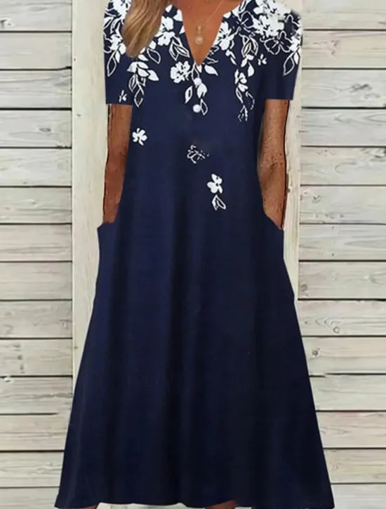 Outlet Women's Midi Dress Casual Dress Navy Blue Half Sleeve Floral Pocket Summer Spring Fall V Neck Vacation Daily Vacation 2023 S M L XL XXL 3XL Women Spring Dresses