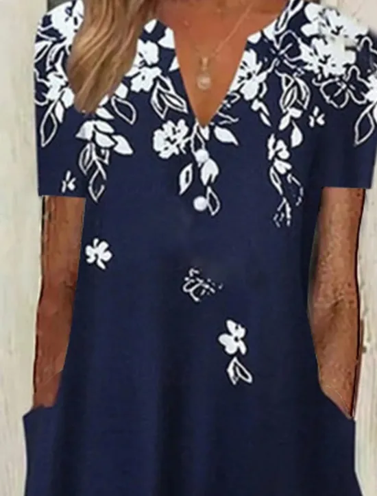 Outlet Women's Midi Dress Casual Dress Navy Blue Half Sleeve Floral Pocket Summer Spring Fall V Neck Vacation Daily Vacation 2023 S M L XL XXL 3XL Women Spring Dresses