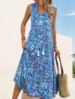 Outlet Women's Midi Dress Casual Dress Swing Dress A Line Dress Tank Dress Casual Daily Regular Fit Floral Sleeveless V Neck Blue Fuchsia Green Summer Spring Fall Women Floral Dresses