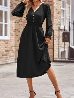 Best Women's Midi Dress Casual Dress A Line Dress Stylish Basic Casual Vacation Daily Regular Fit Plain Long Sleeve V Neck Black Army Green Summer Spring Women Work Dresses